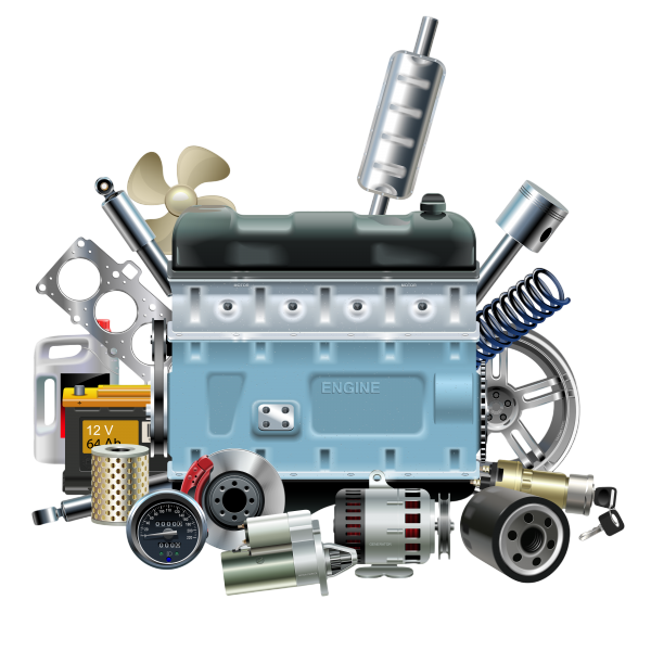 motor engine with car spares on transparent png photoroom